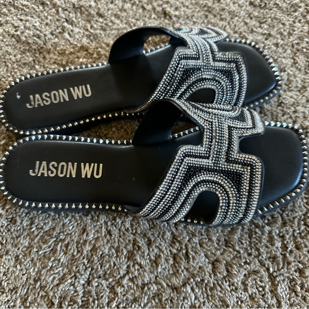 Jason Wu Sandals Slides Black Sparkle Rhinestones Formal Comfy Size 8.5 🖤